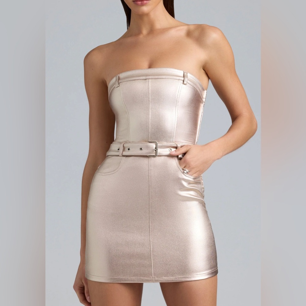 Oh Polly Simone Metallic Denim Belted Strapless Mini Dress in Champagne
